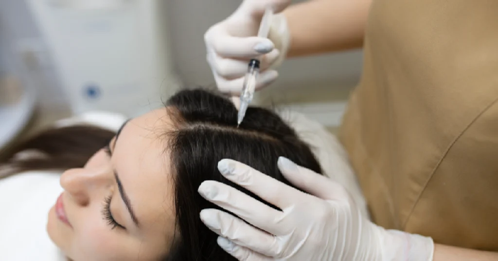 A women receiving hair restoration treatment in Freeland, MI from a professional