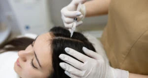 A women receiving hair restoration treatment in Freeland, MI from a professional