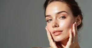 Beautiful woman with glowing skin gently touching her cheeks, suggesting Facial Rejuvenation in Freeland, MI.