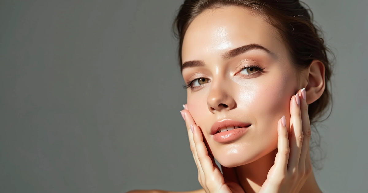 Beautiful woman with glowing skin gently touching her cheeks, suggesting Facial Rejuvenation in Freeland, MI.
